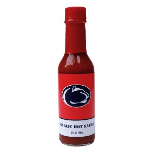 bottle of garlic hot sauce with Penn State Athletic Logo